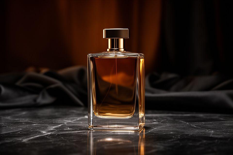 Parfumflakon aus Glas auf dunklem Marmor mit warmem Licht, Stofffalten und luxuriöser Duftinszenierung