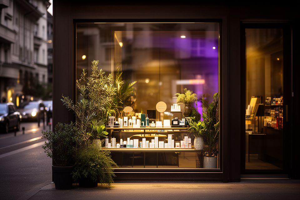 Elegantes Schaufenster von Elysian Bloom an einer Zürcher Quartierstrasse mit Pflanzen und warmen Lichtakzenten