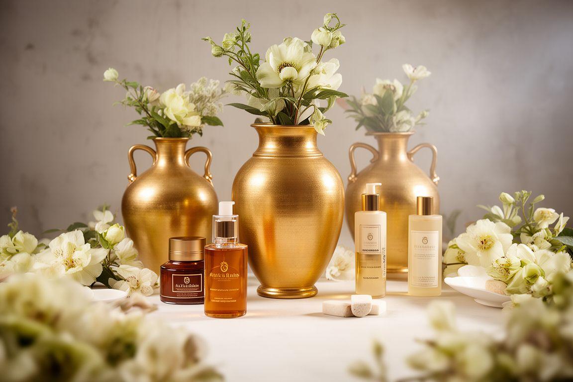 Goldene Amphoren, frische Blüten und edle Pflegeprodukte auf einem hellen Atelier-Tisch in Zürich